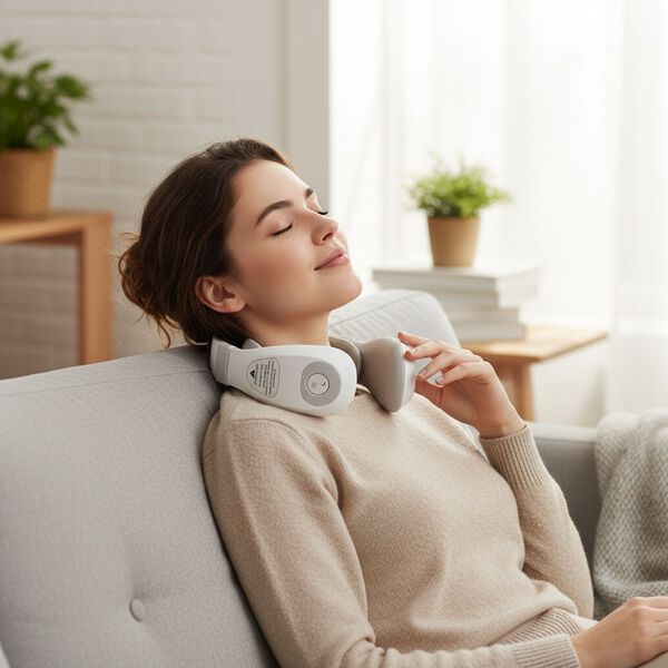 "EMS neck massager Product size:17.5*16*5.5CM Product weight:327G Material :ABS+ memory cotton Input :5v/1A Color: White Pulse intensity Adjustment :15 stops Temperature: 45°C                                                       Lithium battery :1200mAh image number 2