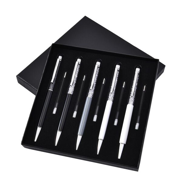 5er Set - Kristall gefüllte Aluminium-Kugelschreiber, schwarz/weiß image number 5