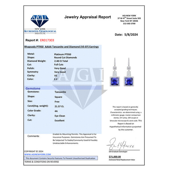Chairman's Vault Collection - zertifiziert und geprüft RHAPSODY AAAA Tansanit und VS-EF Diamant Ohrringe in 950 Platin - 24,04 ct. image number 6