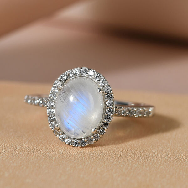 Regenbogen Mondstein und Zirkon-Ring, 925 Silber platiniert  ca. 2,71 ct image number 2