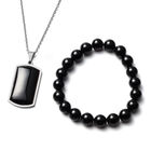 2er- Set Schwarzer Achat flexibel Armband und Anh&auml;nger mit Kette ca. 60 cm in Edelstahl