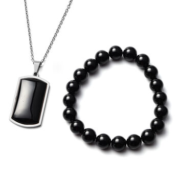 2er- Set Schwarzer Achat flexibel Armband und Anh&auml;nger mit Kette ca. 60 cm in Edelstahl