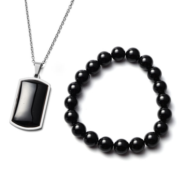 2er- Set Schwarzer Achat flexibel Armband und Anh&auml;nger mit Kette ca. 60 cm in Edelstahl