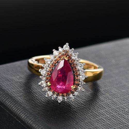 Königliche Eleganz - AA Afrikanischer Rubin (Fissure gefüllt), Weißer Zirkon Ring, 925 Silber 750 Gelbgold Vermeil (Größe 17.00) ca. 2.31 ct image number 1