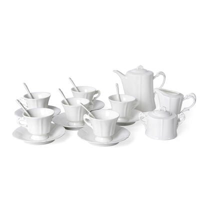22 teiliges Porzellan geprägtes Tee-Set, 6 Tassen, 6 Teller, 7 Löffel, 1 Teekanne, 1 Zucker, 1 Milch