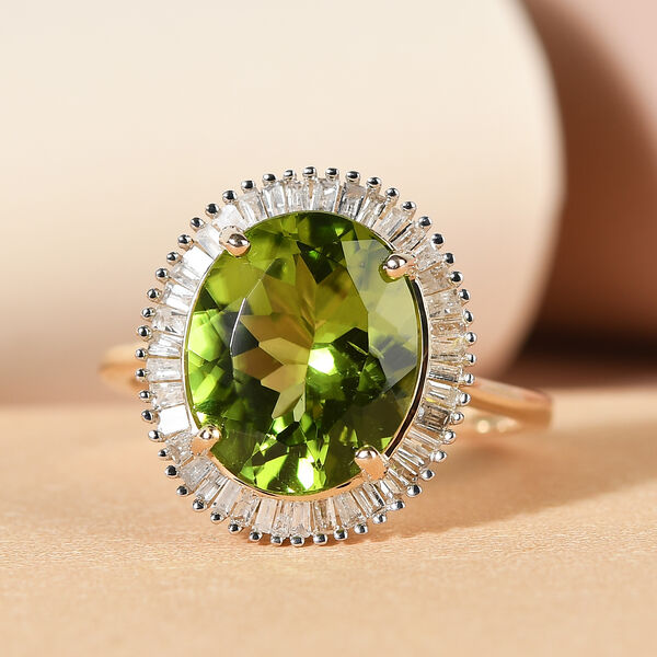 AAA natürlicher Peridot und Diamant Halo-Ring, 375 Gelbgold ca. 5,29 ct image number 2