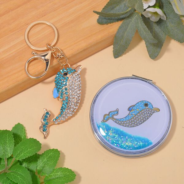 2er Set - Mehrfarbiger Kristall, Delfin-Set: Schl&uuml;sselanh&auml;nger und Spiegel, emailliert, goldfarben image number 2