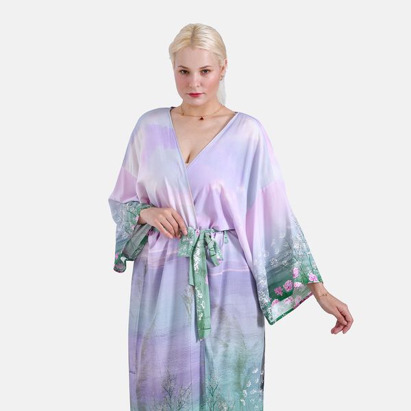 Kimono mit Gürtel, Baumblütenmuster, 128×78 cm, Fliedergrün image number 5