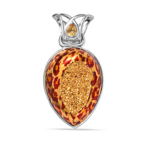 Sajen Silber - Luxe Astral Leopard Gold Drusy, Citrin Anhänger 925 Silber rhodiniert ca. 25.17 ct