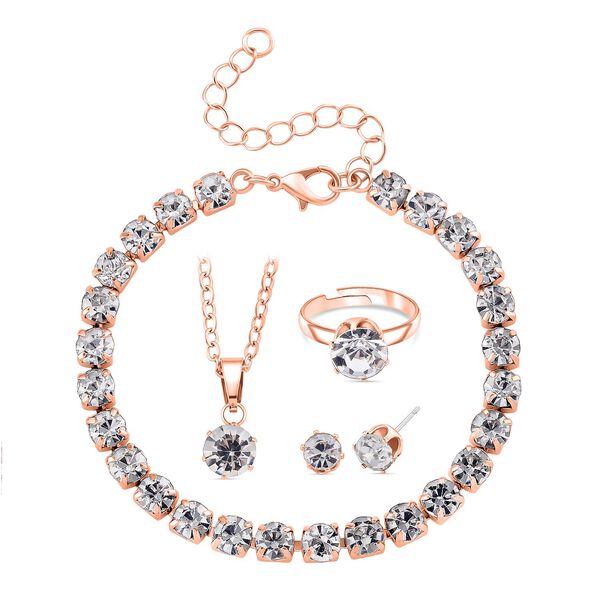 4er Set - Wei&szlig;er Kristall Schmuckset Nickelfreies Messing ros&eacute;vergoldferben, Flexibles (Gr&ouml;&szlig;e 17.00-18.00)