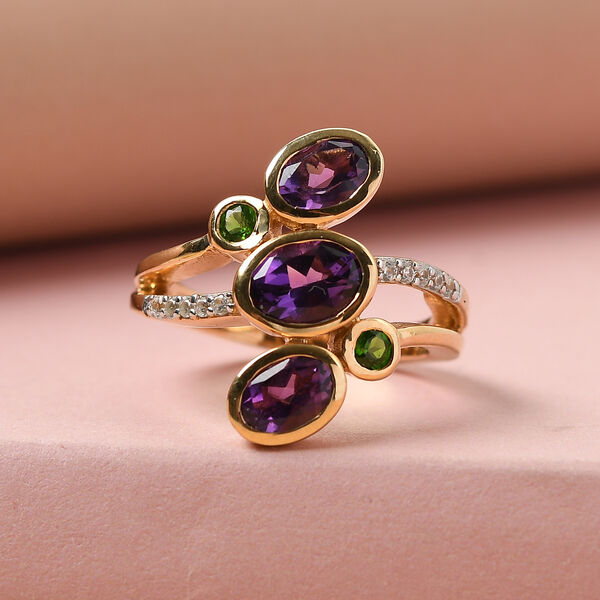 Lusaka Amethyst und Nat&uuml;rlicher Chromdiopsid Ring 925 Silber vergoldet image number 3
