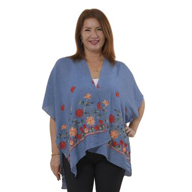 TAMSY- bestickter Kimono mit Blumenmuster, One Size, Blau