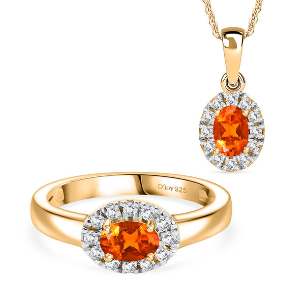 2er Set - D'Joy AAAA Blaze Feueropal Anh&auml;nger mit Kette und Ring, ca. 50 cm 925 Silber 750 Gelbgold Vermeil (Gr&ouml;&szlig;e 18.00) ca. 1.36 ct