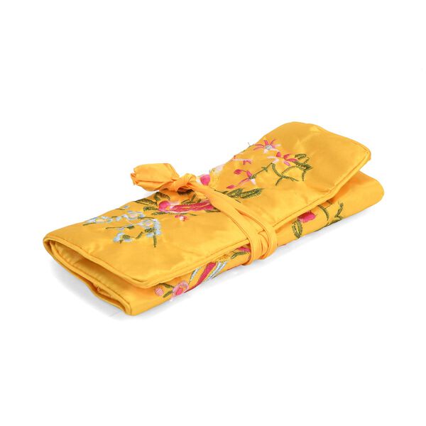 Reise-Schmuckrolle mit Stickmuster 1 Organizer + 5 Silberputzt&uuml;cher Satin, Gelb image number 6