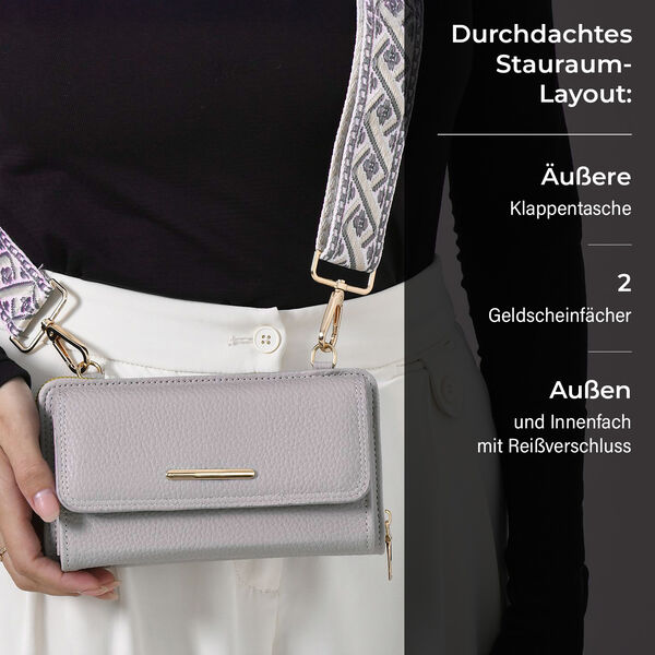 Crossbody-Tasche mit Klappfach, gemustertem Trageriemen und RFID-Schutz - 19x5x11 cm, Grau image number 4