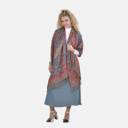 Damen Schal mit Fransen, Blau-rot