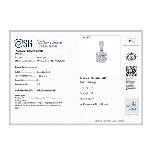 LUXURIANT DIAMOND- SGL zertifizierter VS-EF Labor Diamant Anhänger in 585 Weißgold - 1 ct. image number 4