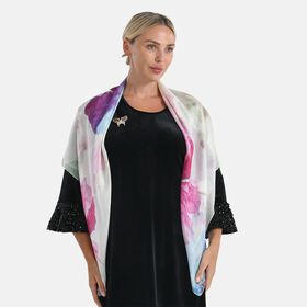 LA MAREY 2er-Set 110x110cm Schal aus 100% Maulbeerseide mit Blumenmuster und Brosche, Rosa-blau