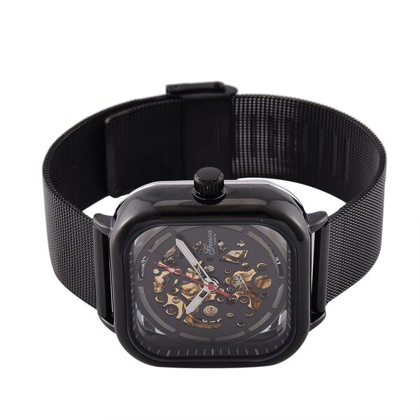 GENOA TIME V2 42mm Automatische Mechanikuhr - Schwarzes hohles Zifferblatt, Gehäuse aus Legierung mit IPS-Beschichtung, Edelstahl-Mesh-Armband, 3 ATM wasserdicht, 8.5 cm, schwarz image number 5