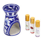Keramik Duftlampe mit 3 ätherischen Ölen, Handbemalt, blau