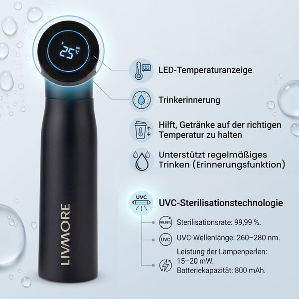 LIVMORE UVC-Flasche mit LED Anzeige, 500ml , 7x24,5cm, Schwarz image number 3
