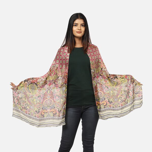 100% nat&uuml;rlicher Satin Seiden Schal, 165x50 cm, Arabeske Muster, Beige