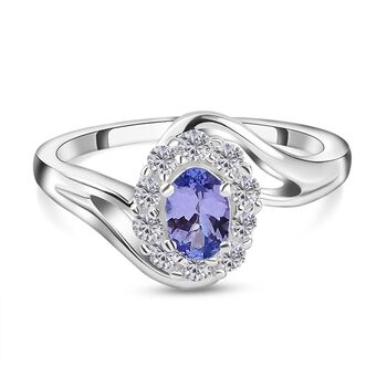 Tansanit und wei&szlig;er Zirkon-Ring, 925 Silber platiniert (Gr&ouml;&szlig;e 16.00) ca. 0.89 ct