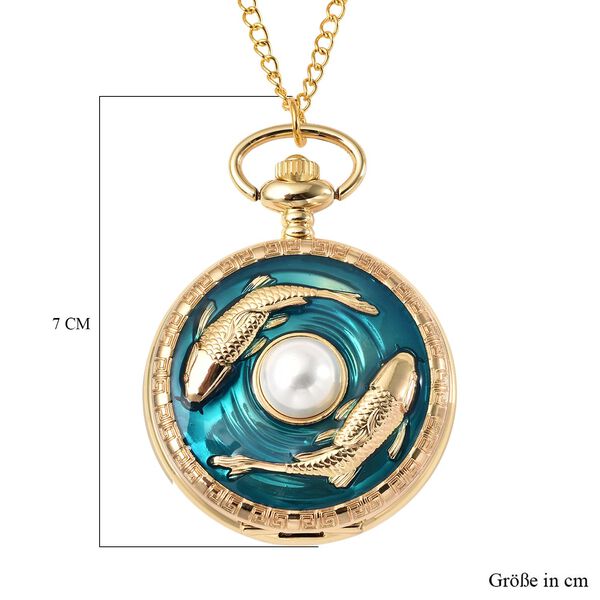 STRADA wei&szlig;e Muschelkernperle Taschenuhr mit 79cm Kette im Doppel-Koi-Motiv, Japanisches Uhrwerk image number 7