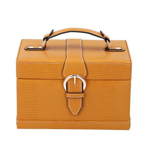 3-Etagen Schmuckkasten mit Eidechsenhaut-Muster, Innenspiegel und Knopfverschluss (22x16x14cm), Senfgelb image number 1