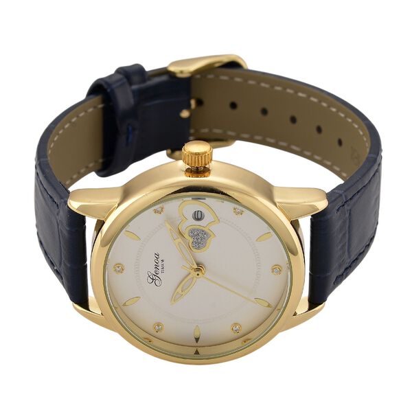 GENOA - Automatik-Armbanduhr mit Herz-Design und Datumsanzeige, Dandong-Uhrwerk, Wei&szlig;es Zifferblatt, Goldfarben, Blaues Lederarmband, 36 mm image number 4