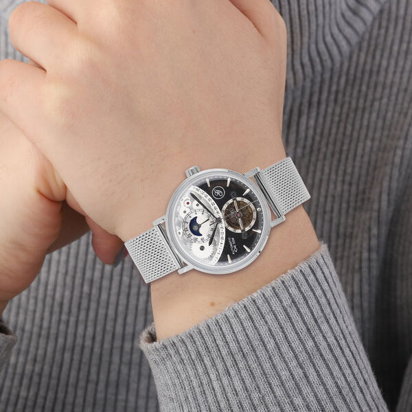 GENOA - Mondphasenuhr mit Schwungrad, Automatikwerk, schwarzes Ziffernblatt mit Milanese Armband im Silberton, wasserdicht image number 2