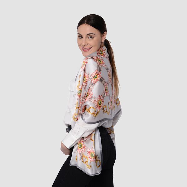 LA MAREY: Bedruckter Schal aus 100% Maulbeerseide, Blumenmuster, inkl. Geschenkbox, Grau&nbsp; image number 2