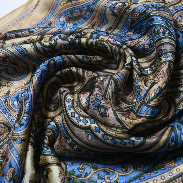 Eleganter rechteckiger Seidenschal in beige und blau mit edlem Print, Größe: 49x160 cm image number 6