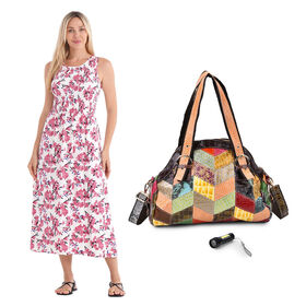 Schulterfreies gesmoktes Kleid mit  Gürtel und Chaos by Elsie Echtleder Crossbody Tasche mit RFID und Mini-Blitzlampe