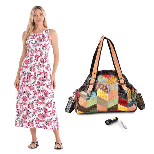 Schulterfreies gesmoktes Kleid mit  Gürtel und Chaos by Elsie Echtleder Crossbody Tasche mit RFID und Mini-Blitzlampe image number 0
