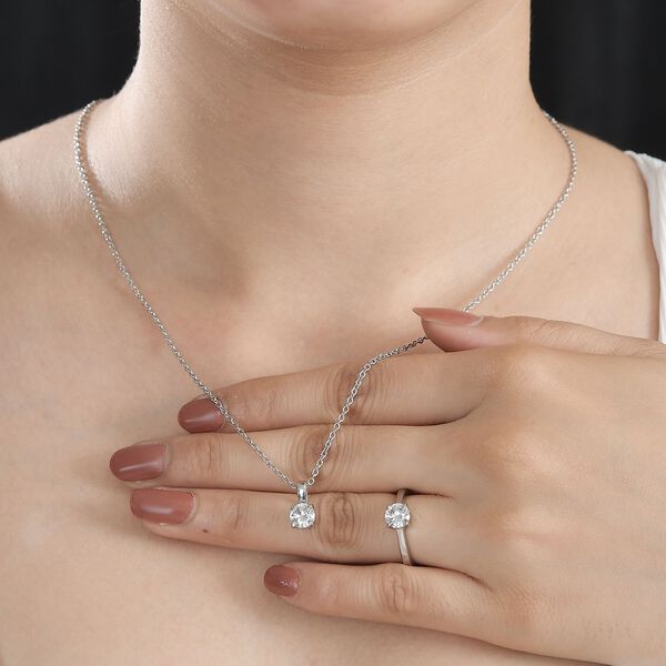 2er Set - Weißer Zirkonia Anhänger mit Kette und Ring (Größe 20.00), Edelstahl image number 3