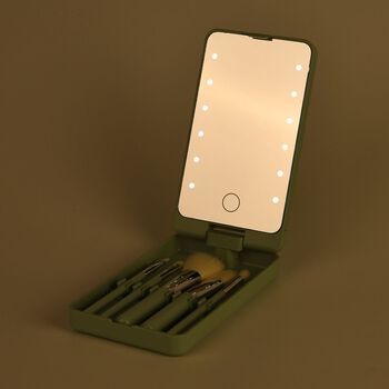 5-teiliges Reise-Makeup-Pinselset mit Spiegel, 16x8,9x2,6cm, gr&uuml;n