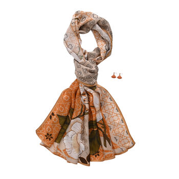LA MAREY Signature Set mit Seidenschal und Seidentropfen-Ohrringen, 100% Maulbeerseide, 65 x 170 cm, Orange mit Wei&szlig;