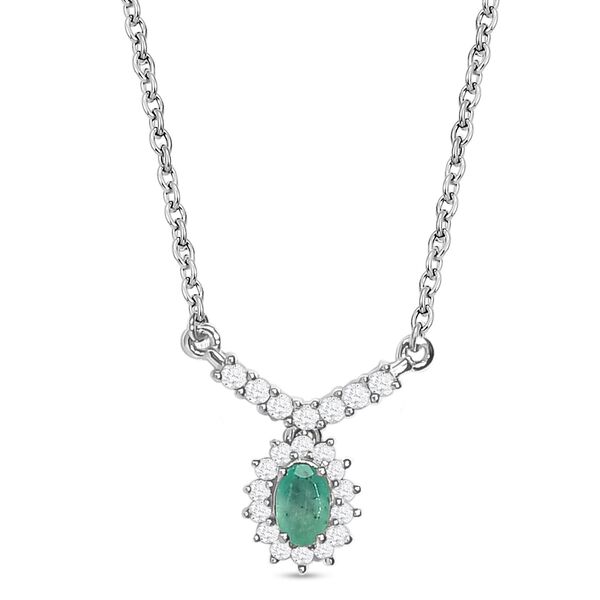 Kagem sambisches Smaragd und wei&szlig;es Zirkon-Collier, ca. 45 cm, 925 Silber platiniert ca. 0,73 ct