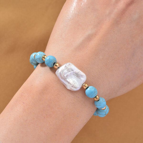 Blauer Howlit, Weiße Keshi Perle Armband, ca. 18cm mit 5cm extender, Reine Legierung goldfarben image number 2