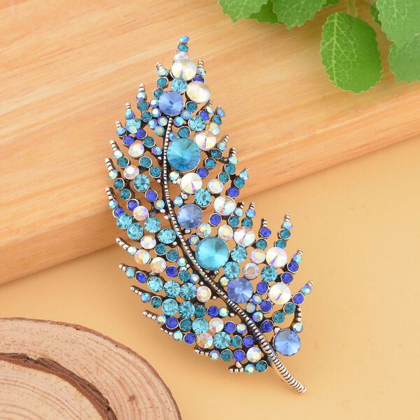 Silberfarbene Feder-Kristallbrosche, blau image number 1