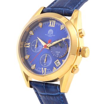 WILLIAM HUNT - 40mm Edelstahl-Uhr, japanisches Uhrwerk, wei&szlig;es Zifferblatt, Moissanit, blauem Lederband, ca.5 ctca. 0.05 ct