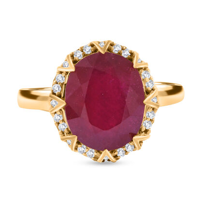 AA Afrikanischer Rubin (Fissure gef&uuml;llt), Wei&szlig;er Zirkon Ring, 925 Silber Gelbgold Vermeil (Gr&ouml;&szlig;e 20.00) ca. 7.36 ct