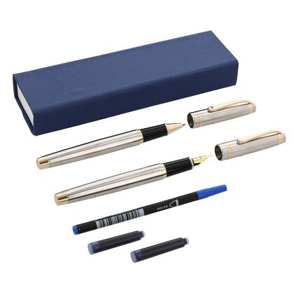 2er Set F&uuml;llfederhalter und Tintenschreiber mit Nachf&uuml;llset, Silber