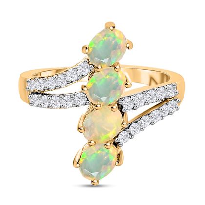 Natürlicher, äthiopischer Welo Opal und Zirkon-Ring, 925 Silber Gelbgold Vermeil, 1,26 ct.