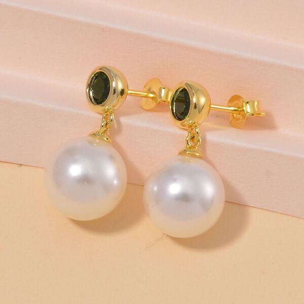 Wei&szlig;e Muschelkernperle, Nat&uuml;rlicher Chromdiopsid Ohrringe 925 Silber vergoldet image number 1