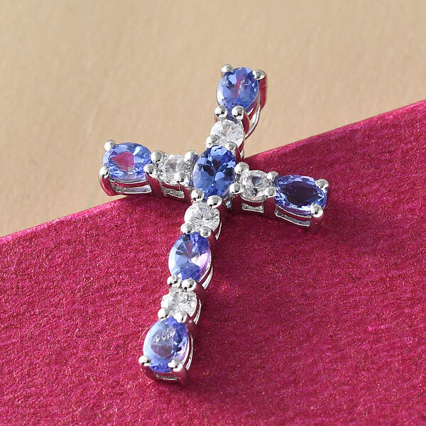 AAA Tansanit und Zirkon Kreuz-Anh&auml;nger, 925 Silber platiniert ca. 1,75 ct image number 3