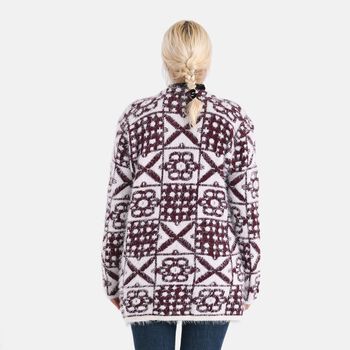 Gemusterter Cardigan mit Taschen, Einheitsgr&ouml;&szlig;e, Retro-Muster, Weinrot