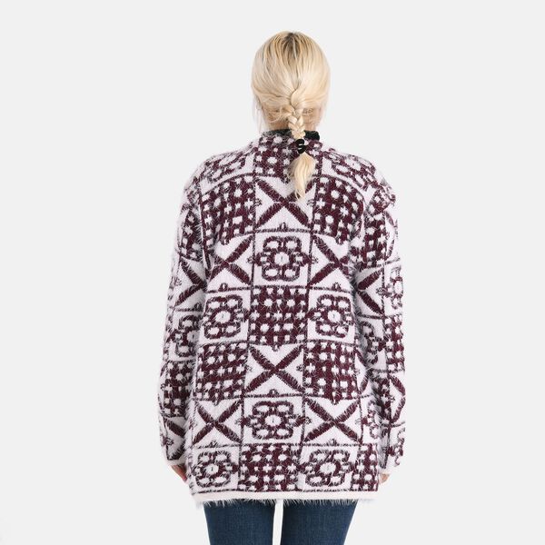 Gemusterter Cardigan mit Taschen, Einheitsgröße, Retro-Muster, Weinrot image number 4