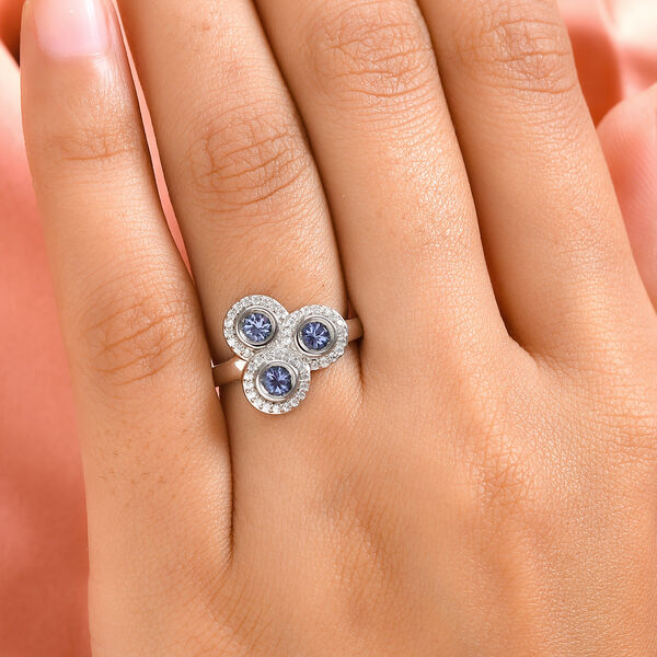Tansanit und Zirkon-Ring, 925 Silber platiniert  ca. 0,86 ct